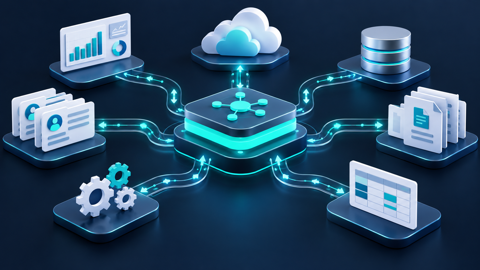 Integración central que conecta aplicaciones, documentos y bases de datos empresariales